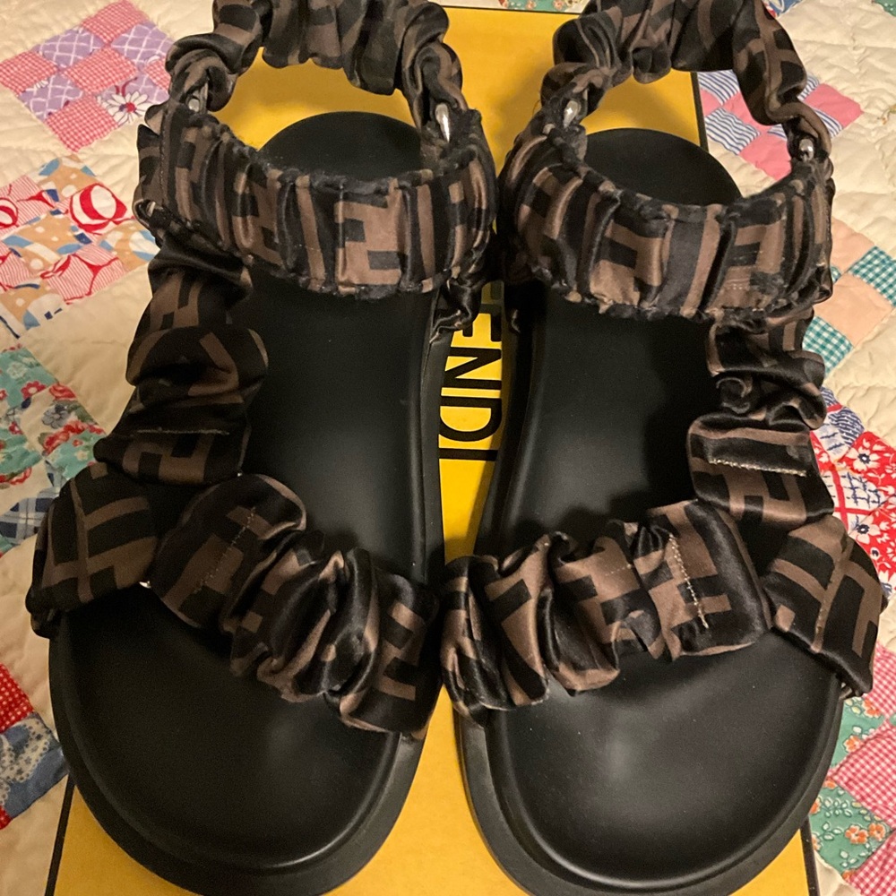 Fendi Black and Brown Sporty Sandals with Camouflage Straps